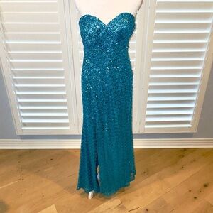LaFemme Sweetheart Strapless Sequined Long Gown in Turquoise/Aqua Blue Size 6